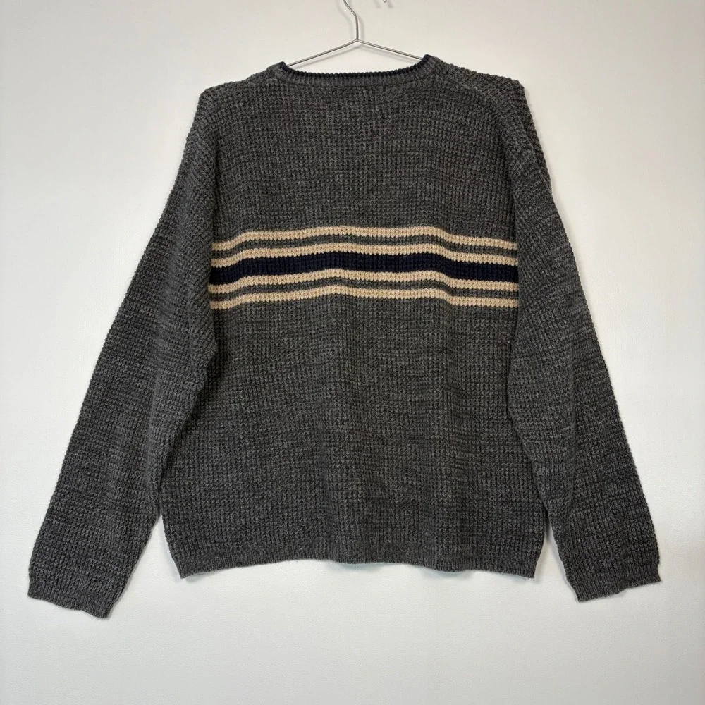 American Eagle Men Sweater Large Grey Striped V-Neck Waffle Knit Vintage 90s Y2K